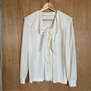 Vintage Ivory Ruffle/Tie Button Down Crinkle Long Sleeve Blouse Feminine S/M?